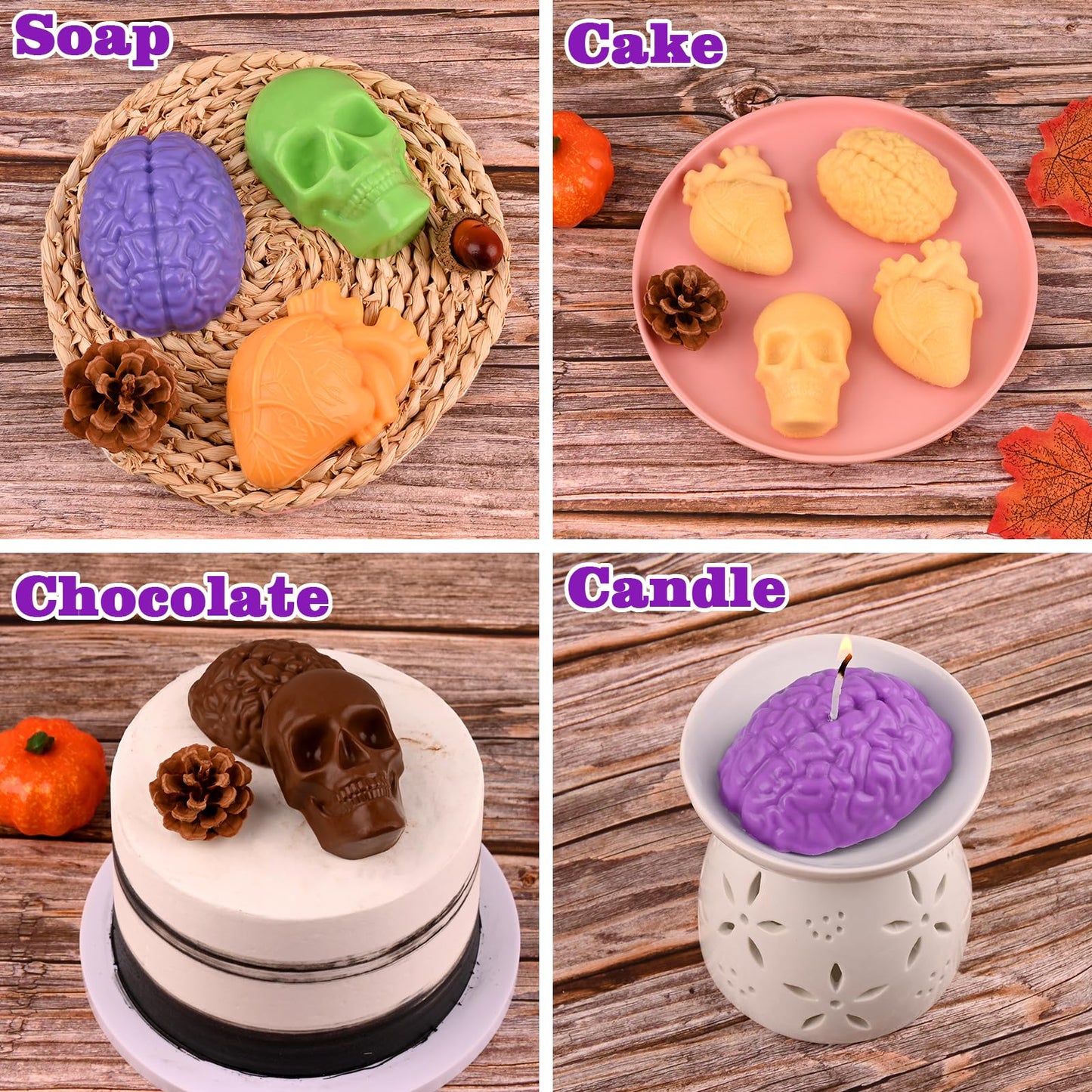 Actvty Skull Heart and Brain Silicone Molds, 3D Human Organ Soap Molds, 2 Pcs Halloween Baking Mold for DIY Cake, Chocolate, Jello, Ice Cube, Soap, Resin, Candle, Halloween Decoration