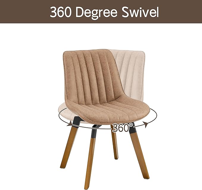 Art Leon Swivel Dining Chairs Set of 2, Mid Century Modern Kitchen Dining Room Chairs, Upholstered Faux Leather Armless Side Chair with Wood Legs for Living Room Bedroom, Brown