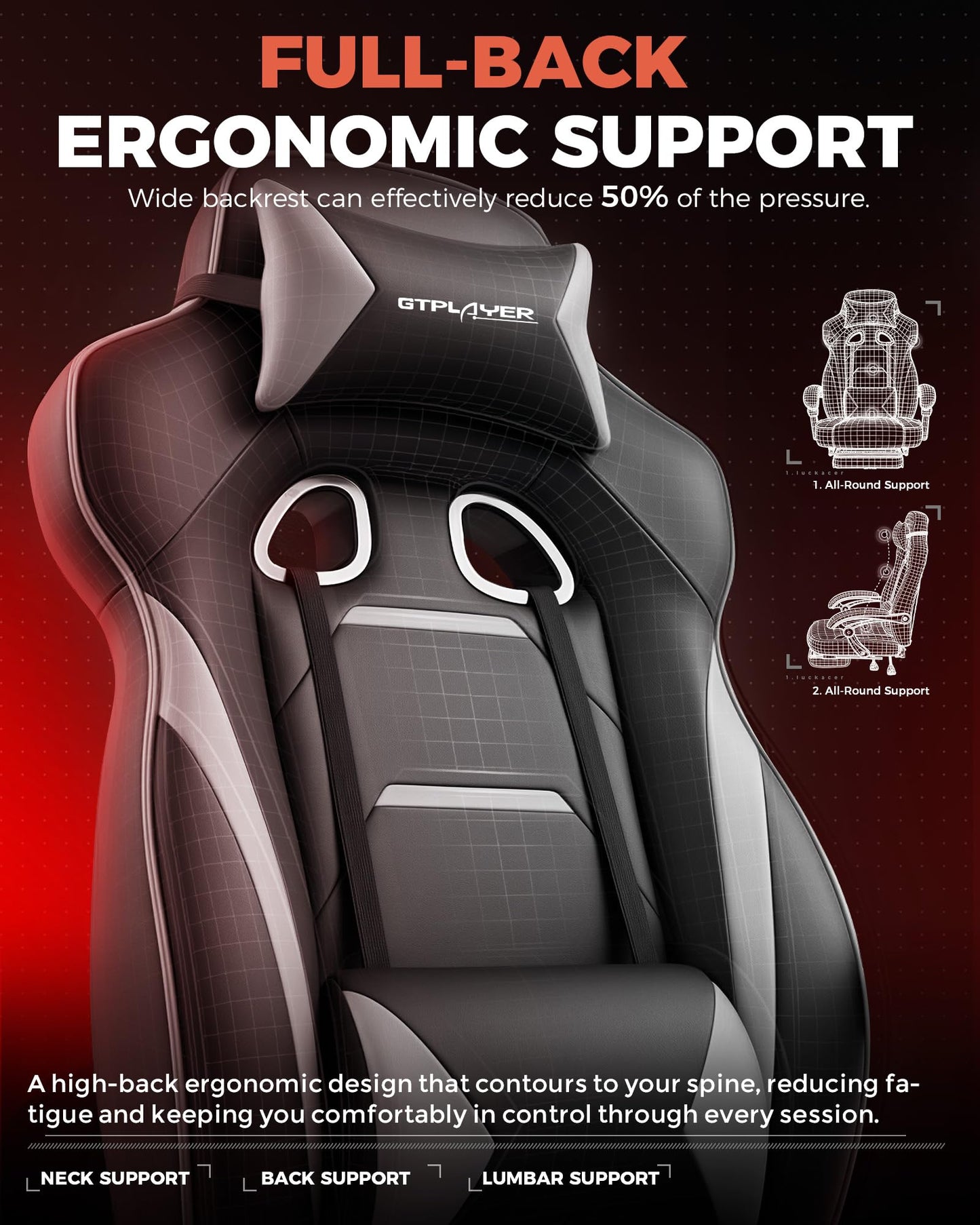 GTPLAYER Gaming Chair for Adults, Big and Tall 350LBS Heavy Duty Office Chair, Ergonomic High Back Lumbar Support and Recliner for Back Pain Relief, Sky Gray