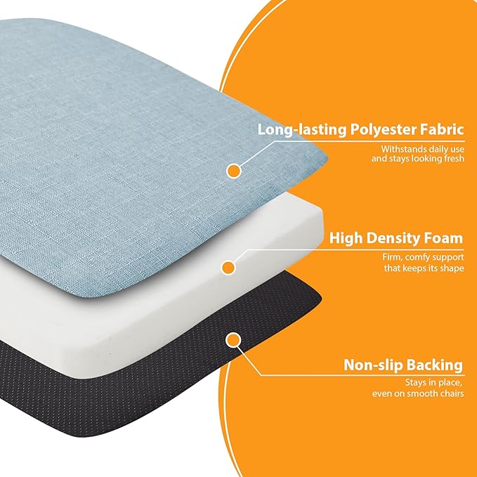 Ruqmuis Chair Cushions for Dining Chairs, 2" Thick Seat Cushions for Kitchen Chairs, D-Shaped Chair Pads with Washable Cover, Ties and Non Slip Backing, 17'' x 16'', Set of 4, Light Blue