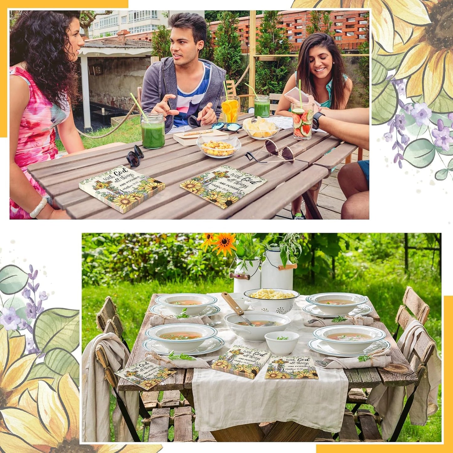 60 Pcs Sunflower Christian Cocktail Paper Napkins 6.5 x 6.5 Inches Disposable Paper Napkins Dessert Beverage Tissue for Decoupage Luncheon Tissue for Theme Party Wedding Birthday Party