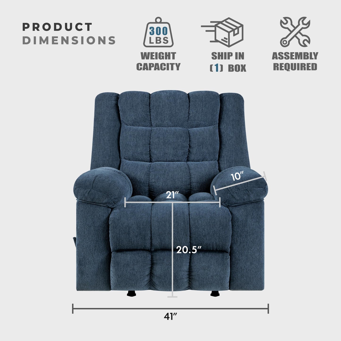 Lexicon Chenille Rocker Reclining Chair for Adults, Rocker Pull Handle Recliner, Nursery Chair for Living Room/Bedroom, High Back, Pillow Top Arms, High Density Foam Cushions, Blue