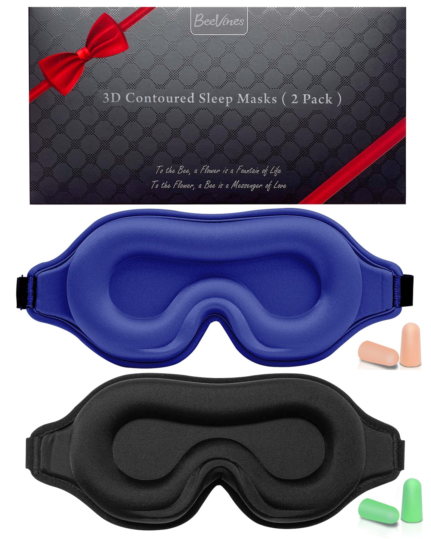 BeeVines Sleep Mask, 2 Pack 3D Contoured Sleeping Eye Masks for Lash Extensions, Night Molded Covers with Adjustable Strap, Eye Shade Cover Lashes Extension for Traveling Yoga Nap(Black & Blue)