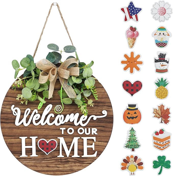 Interchangeable Seasonal Welcome Sign Front Door Decoration, Rustic Round Wood Wreaths Wall Hanging Outdoor, Farmhouse, Po...