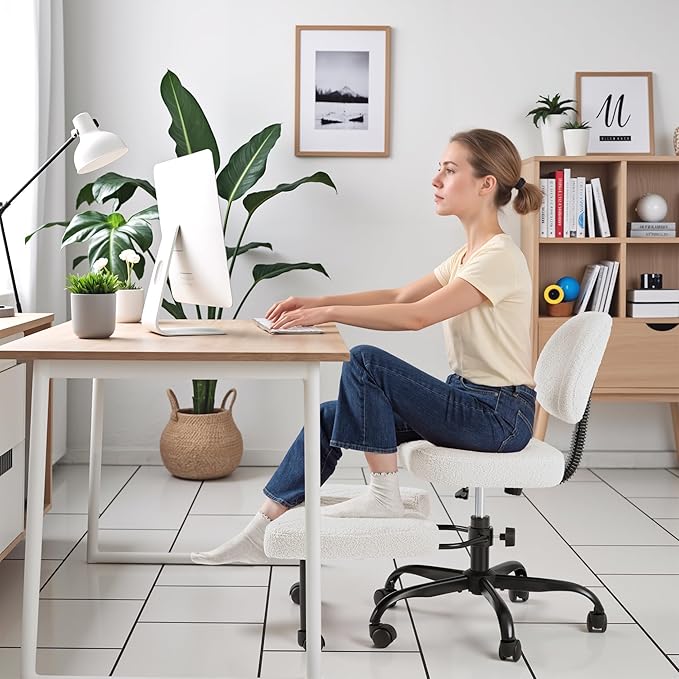 Homall Ergonomic Cross Legged Office Desk Chair with Wheels, 360° Swivel and Adjustable Height for Meditation and ADHD,Criss Cross Kneeling Chair with Lumbar Support (Teddy Fabric, White)