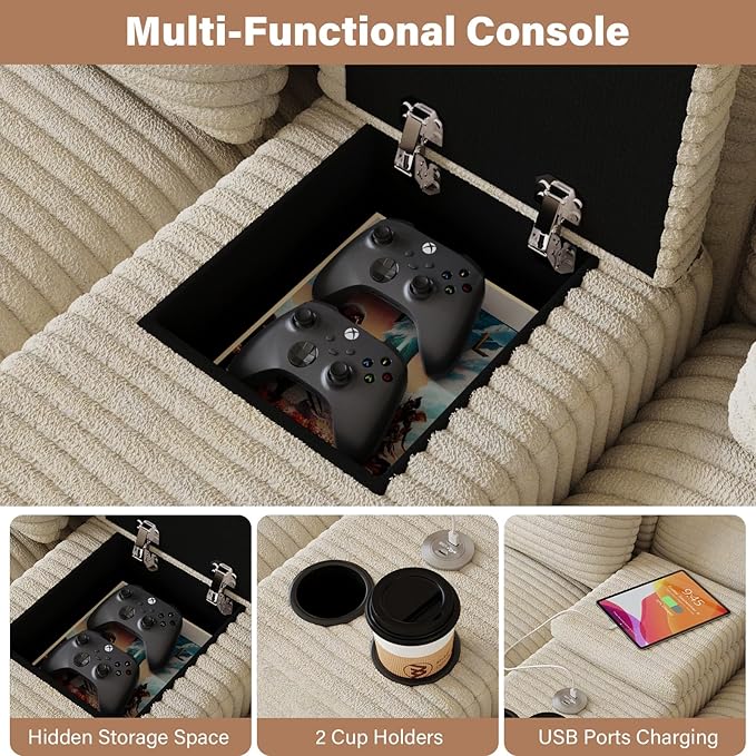 Modular Sectional Sofa with USB Cup Holders Storage, 143" U Shaped Cloud Couch Plush Corduroy Deep Seat Boneless Sofas with Double Chaise Lounge Memory Foam Couches for Living Room - Beige White