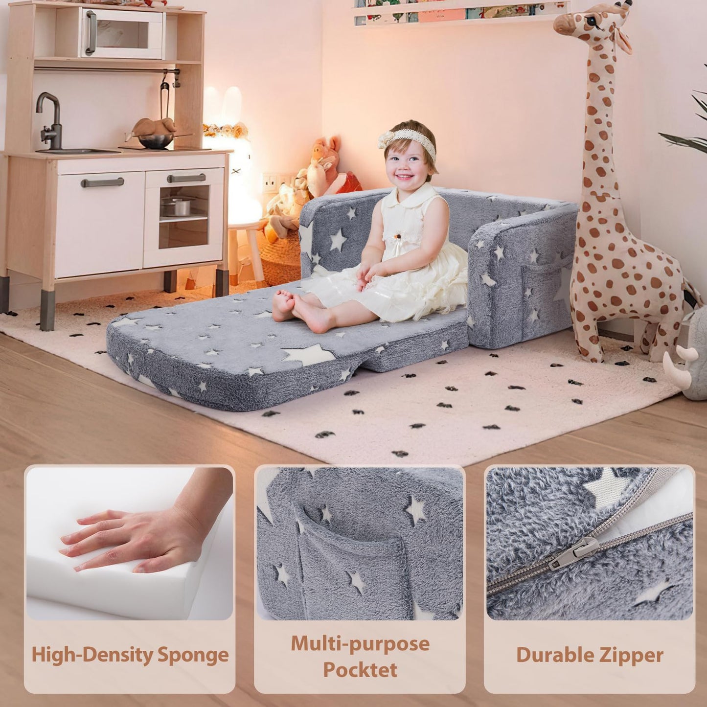 Foryoomi Extra Wide Kids Couch, 2-in-1 Soft Toddler Couch with Blanket, Glow in The Dark, Comfy Toddler Chair with Cloud Pillow, Convertible Sofa to Lounger, Star