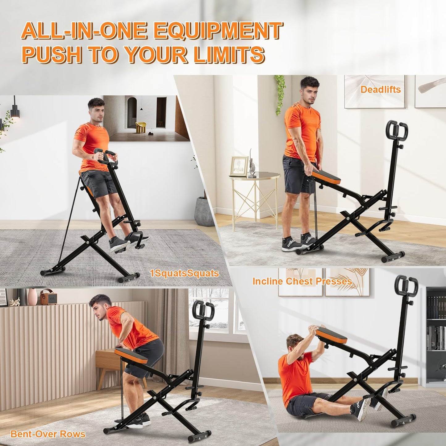 RIVANO Squat Machine, Ab Workout Equipment, 265lbs Loading Capacity Rowing Machines for Home Foldable with Adjustable Resistance Bands and Display, Exercise Trainer for Botty Butt Thighs, Black