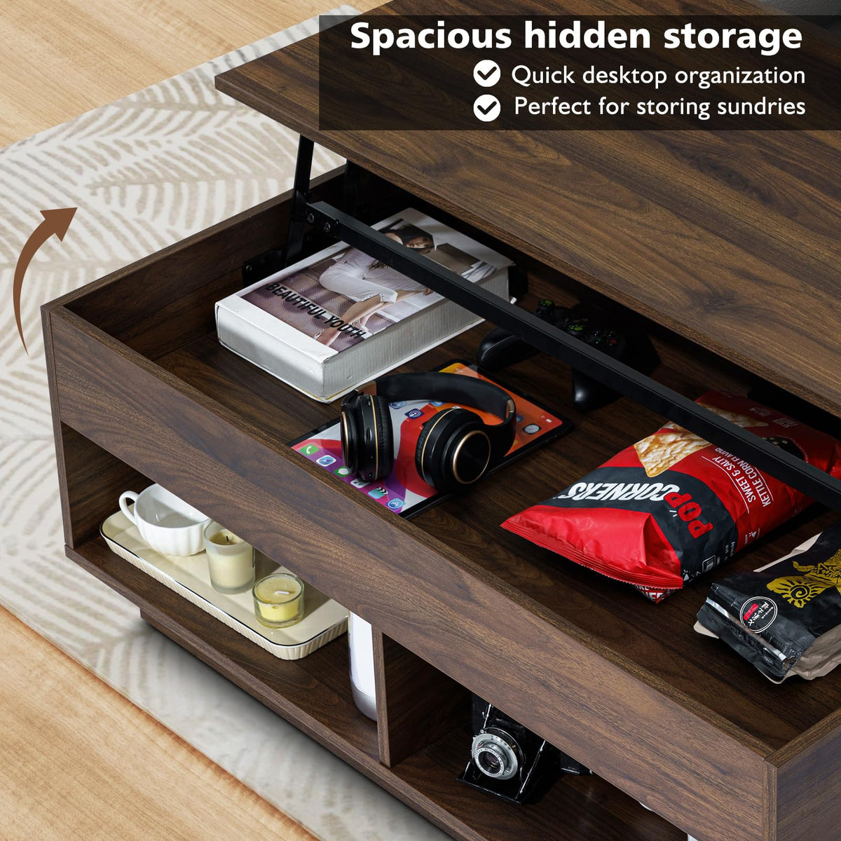 HOMMPA Modern Lift Top Coffee Table with Storage for Living Room LED Coffee Table Wodden Lift Tabletop Dining Table with Hidden Compartment and Metal Frame, Walnut