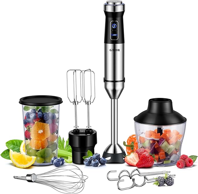 GDOR 7-in-1 Immersion Hand Blender, 1000W Scratch Resistance Handheld Blender with 20-Speed & Turbo Mode, Powerful Hand Mixer with Dough Hooks, Egg Beaters, Whisk, Beaker, Chopper and Titanium Blades