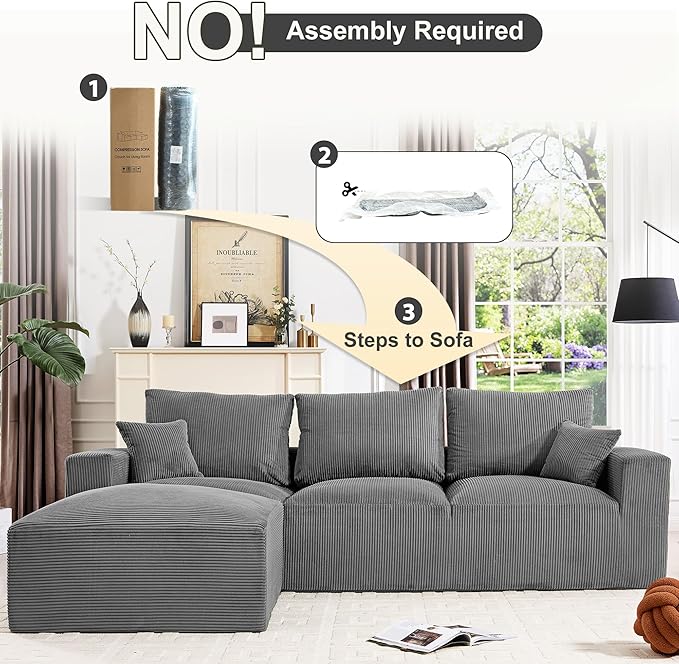 113" Modular Sectional Sofa, Compression Sofa with Deep Seat, Convertible L Shape Couch with Ottoman, Upholstered Couches for Living Room Bedroom,No Assembly Required (Grey Corduroy, 113" L Shape)