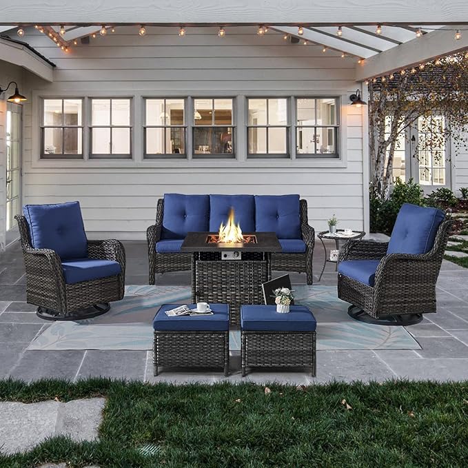Belord Outdoor Patio Furniture Set with Propane Fire Pit Table, 7 Pieces Wicker Patio Conversation Set with 2 Swivel Glider Rocker Chairs Rattan Sofa Blue Cushion Perfect for Casual Gathering Gray