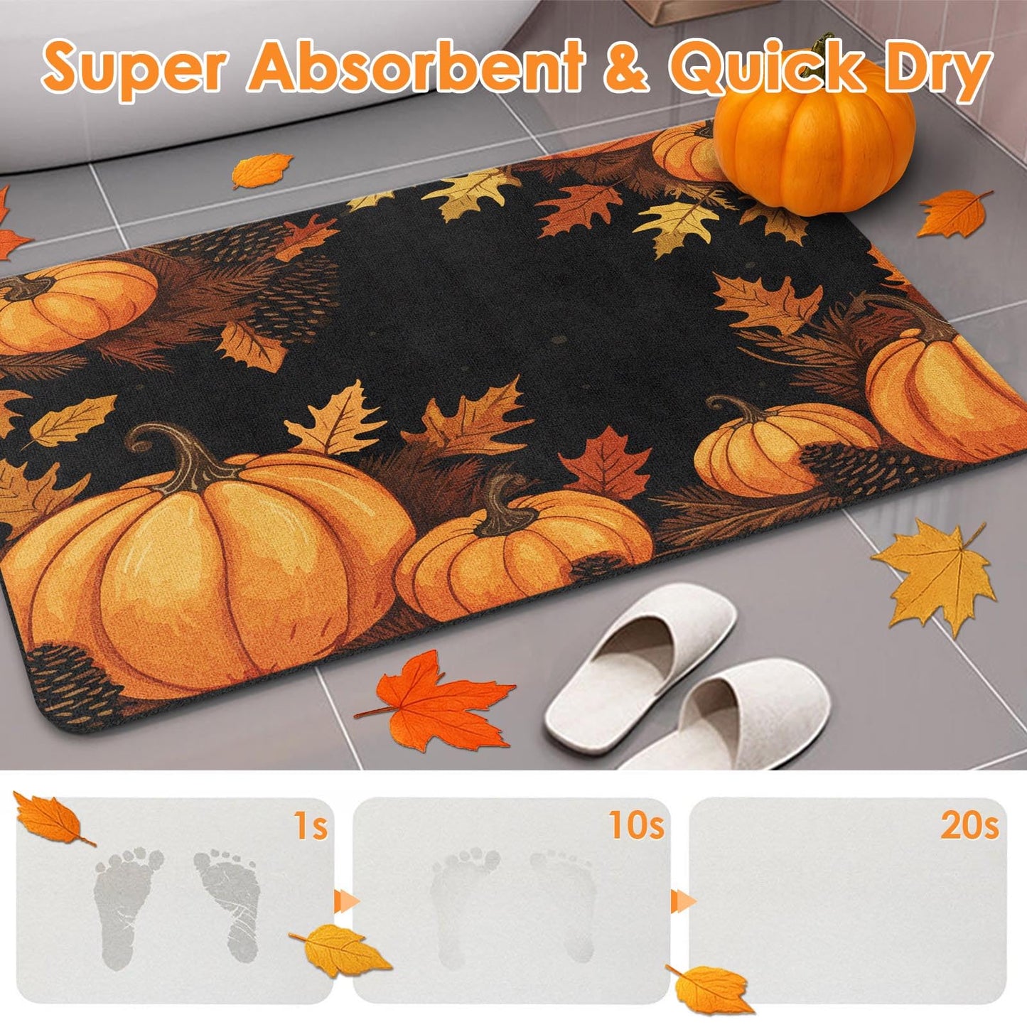 Nesphy Autumn Leaves Pumpkin Bath Mat for Bathroom, Fall Thanksgiving Quick Dry and Super Absorbent Bath Mat Rug, Non Slip Rubber Backing Floor Rug 17x30 Inches for Kitchen Bedroom Indoor
