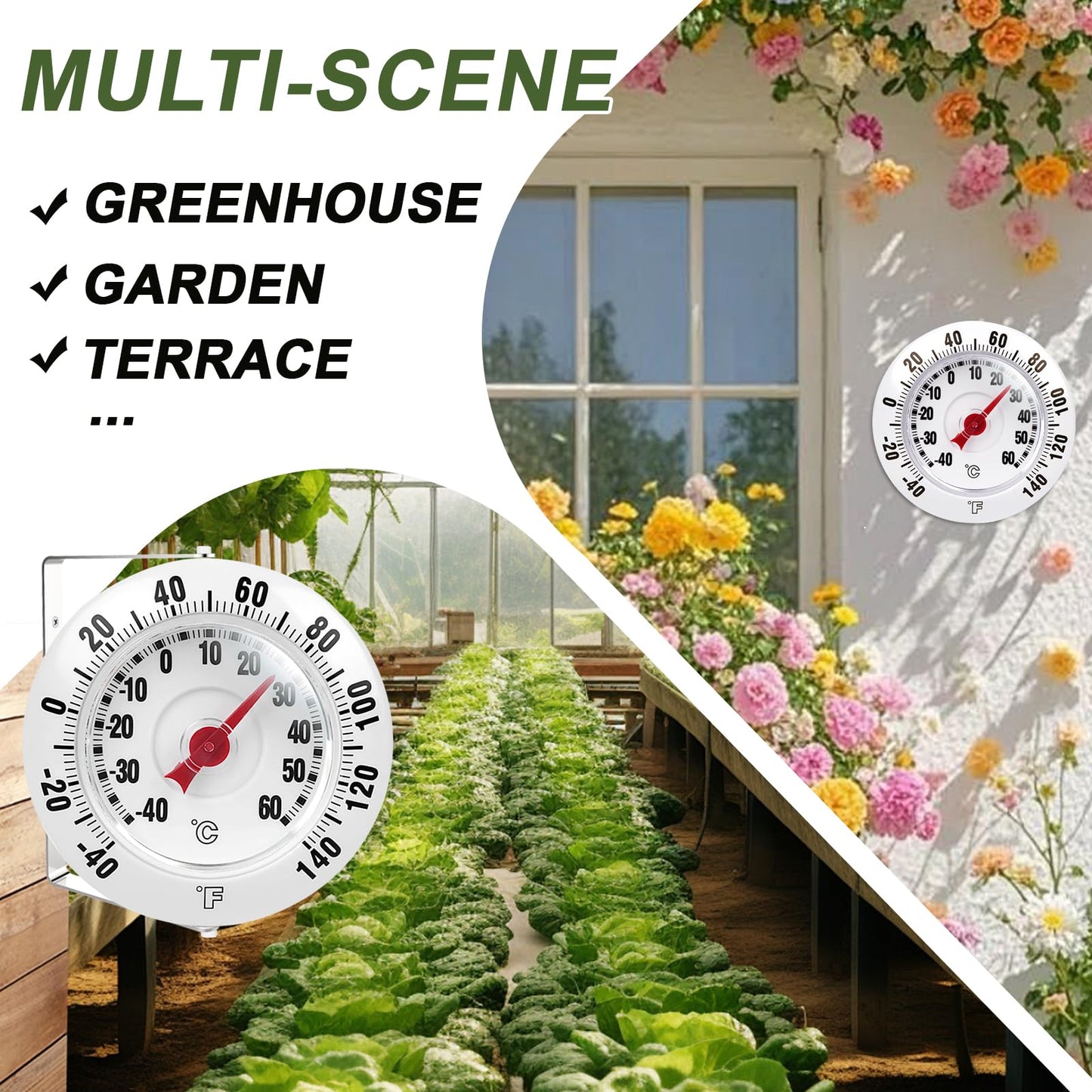 CloudHand Outdoor Wall Thermometer for Patio & Garden, 3.66" Easy-Read Dial, -40–60°C / -40–140°F Dual Scale, Weather-Resistant Housing, 360° Adjustable Bracket, Battery-Free Temperature Gauge
