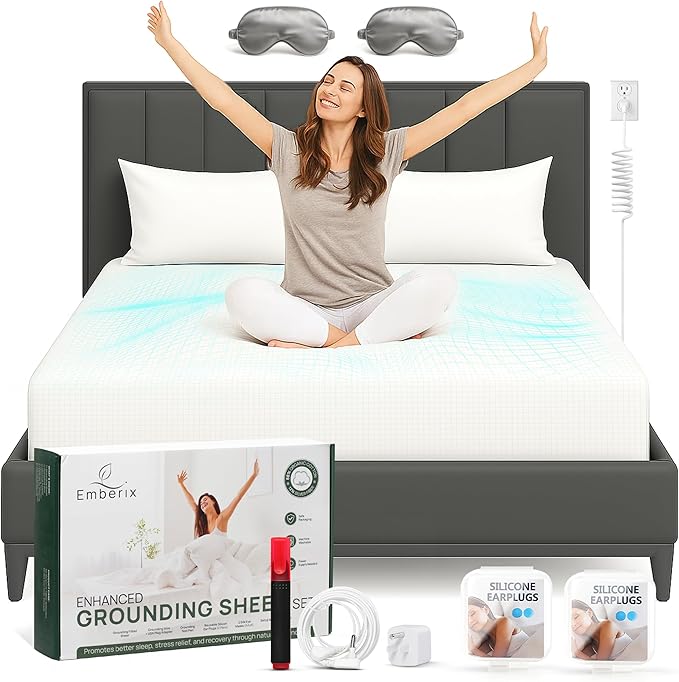 Emberix Grounding Sheets King Size, 12% Pure Silver Fiber Earthing Bed Sheet, 88% Cotton Naturally Soft & Cooling, Grounded Bed Sheets with Eye Masks & Ear Plugs for Rest & Wellness (White)