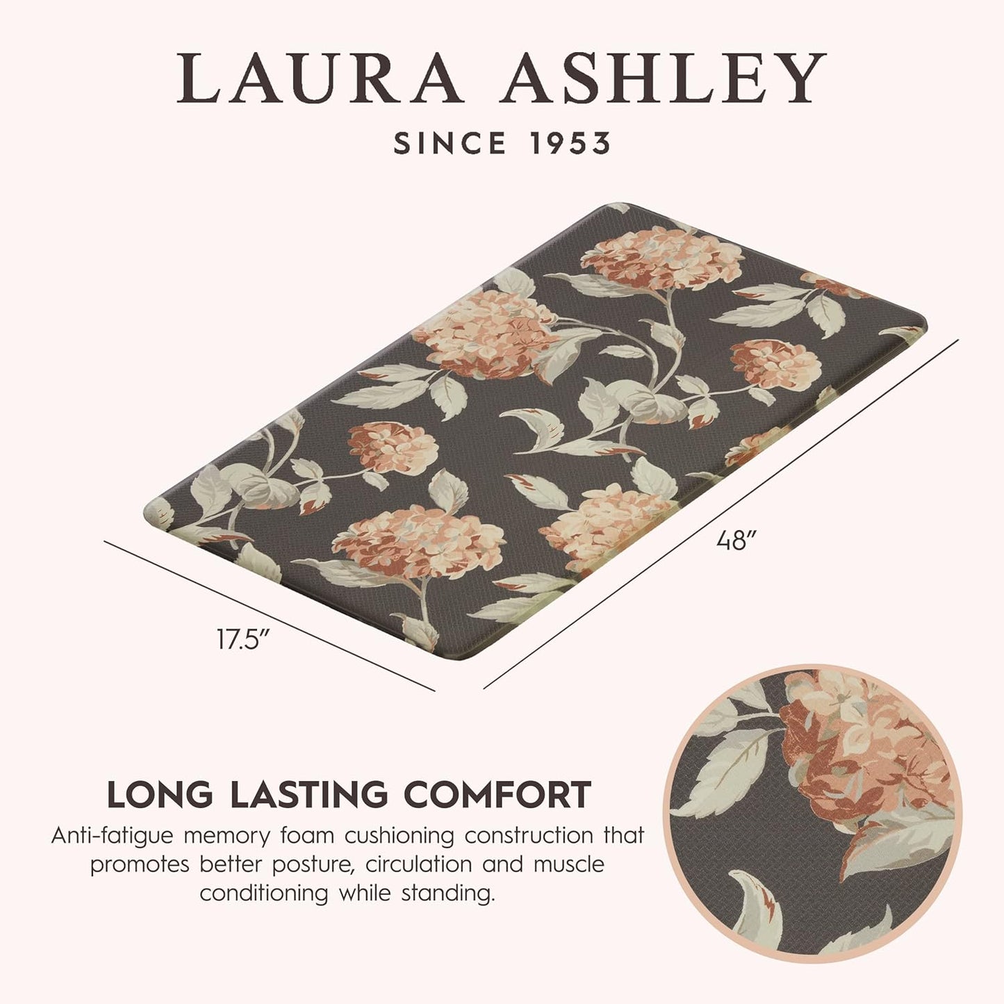 Laura Ashley – Anti-Fatigue Kitchen Mat Set | Hydrangea Floral Design | Stain, Water & Fade Resistant | Cooking & Standing Relief | Non-Slip Backing | Measures 17.5” x 48" and 17.5" x 28"|Grey / Rust