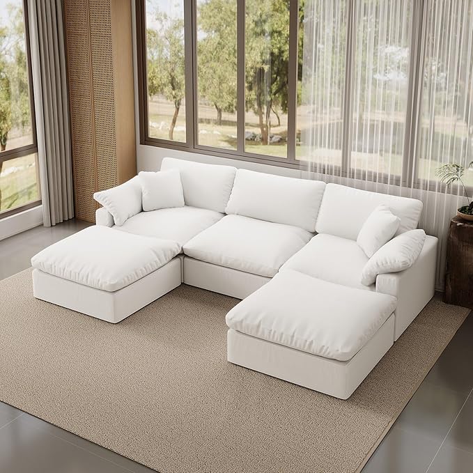 Forest aesthetics Modular Sectional Sofa,Extra Comfty Deep-Seat-Filled Couch,White 5 Seat U Shape Sofas with Movable Ottoman,Modern Couches for Living Room, Apartment,Office,Small Space