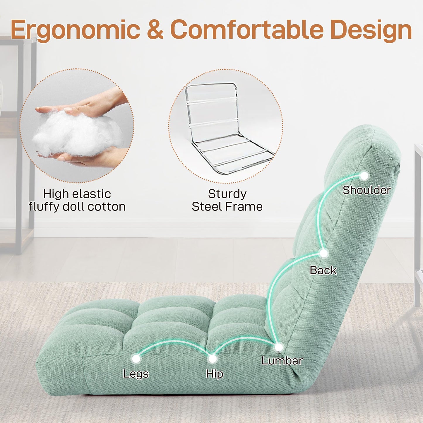 YI DANICA Floor Chair with Back Support Folding Chair with 6 Adjustable Position, Padded Sleeper Bed, Floor Gaming Chair, Meditation Chair for Adults