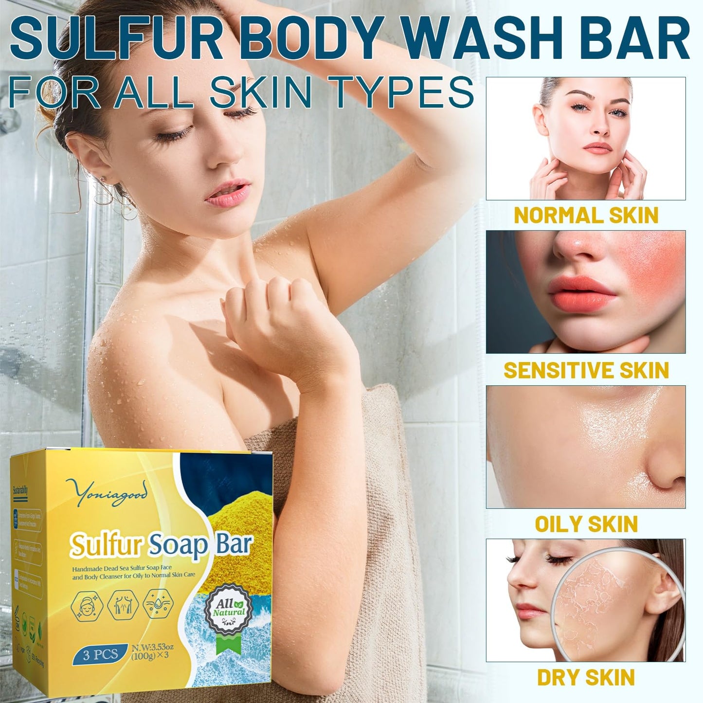 yoniagood 3 PCS Sulfur Dead Sea Soap, Natural Sulphur Bar Soap with Dead Sea Salt, Tea Tree Oil, Face & Body Exfoliating & Moist