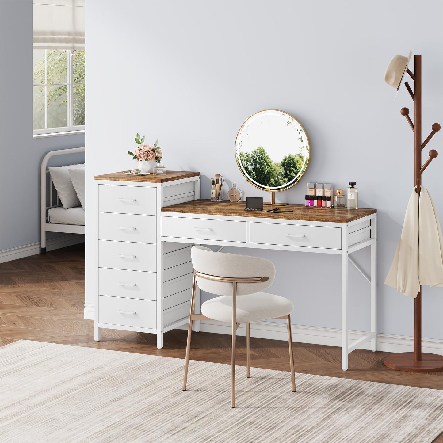 Condemo Vanity Desk with 7 Drawers, 55 inch Makeup Vanity Table with Reversible Drawer for Women, Girls, White and Brown (Without Mirror)
