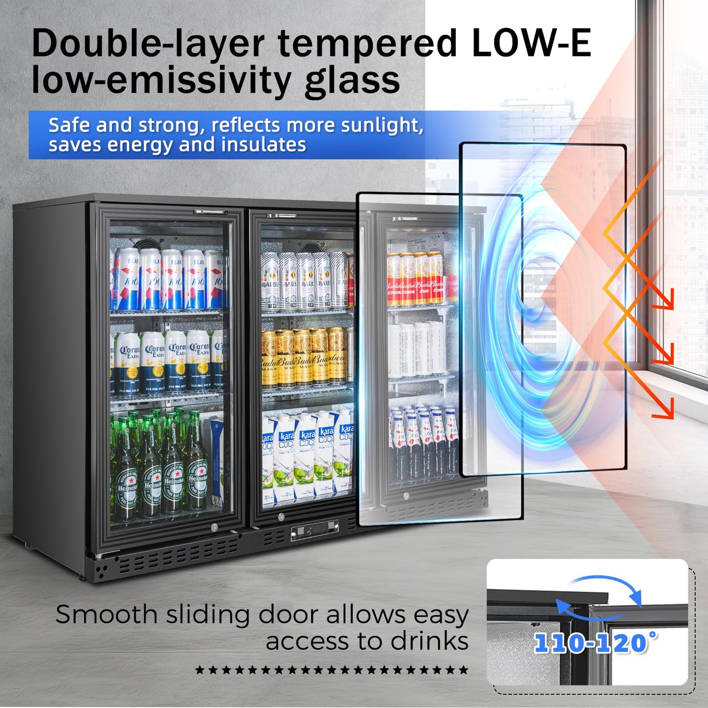 BINGERMA Back Bar Cooler with 3 Glass Doors Under Counter Commercial Beverage Refrigerator 11.5 Cu.ft. ETL Black Drink Fridges for Beer, Wine,Soda, Drinks