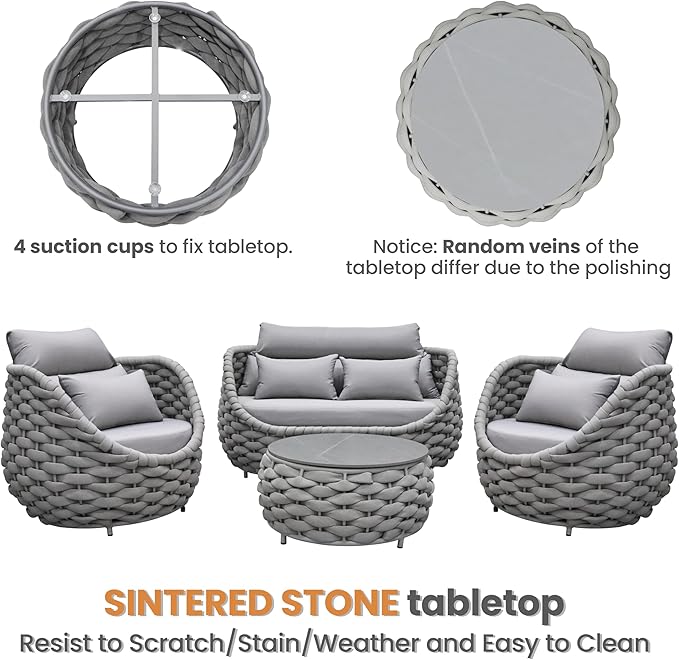Erotr Woven Rope Patio Sofa Furniture Set of 4: Aluminum All Weather Outdoor Conversation Set, Couch Armchair and Loveseat Set with Table Cushions for Deck Porch Poolside Garden Backyard Hotel - Gray