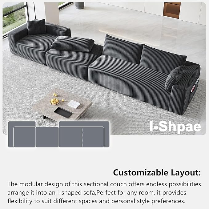Domiqut 108" Cloud Couch Modular Sectional Sofa for Living Room,L-Shaped Boneless Couch with Deep Seat Chaise,No Assembly Required Foam Sleeper Sofa for Apartments,Plush Corduroy Fabric, Dark Gray