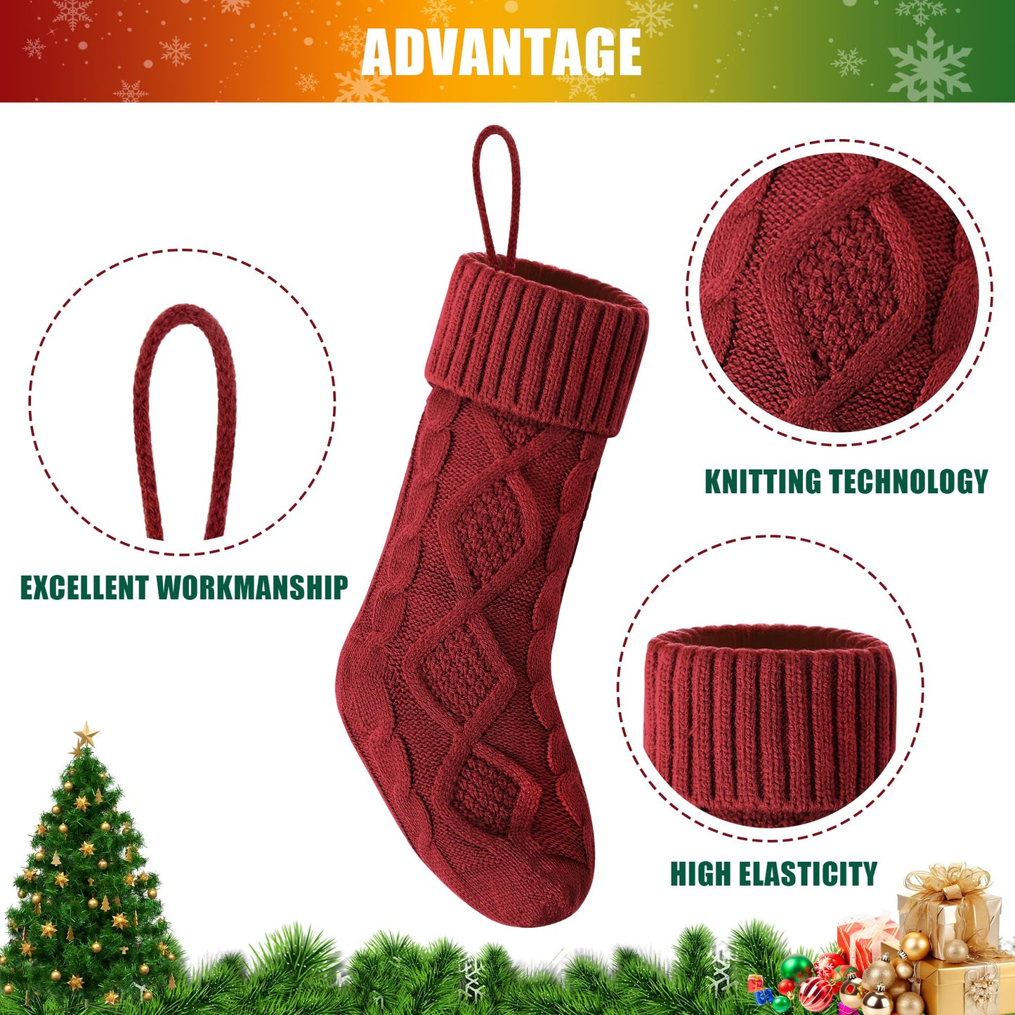 VIBILIA Christmas Stockings 6 Pack, 18 Inches Large Size Knitted Xmas Stocking for Fireplace, Holiday Party Decorations (Green White Red)