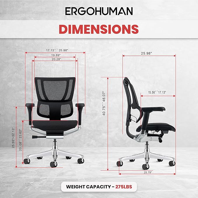 Ergohuman Eurotech ME3ERG-XTREME Mid Back Mesh Office Chair with Tilt Tension Control, Tilt Lock, Back Angle, Back Height, Synchro Tilt, Seat Height, Seat Depth, and Arm Height Adjustments