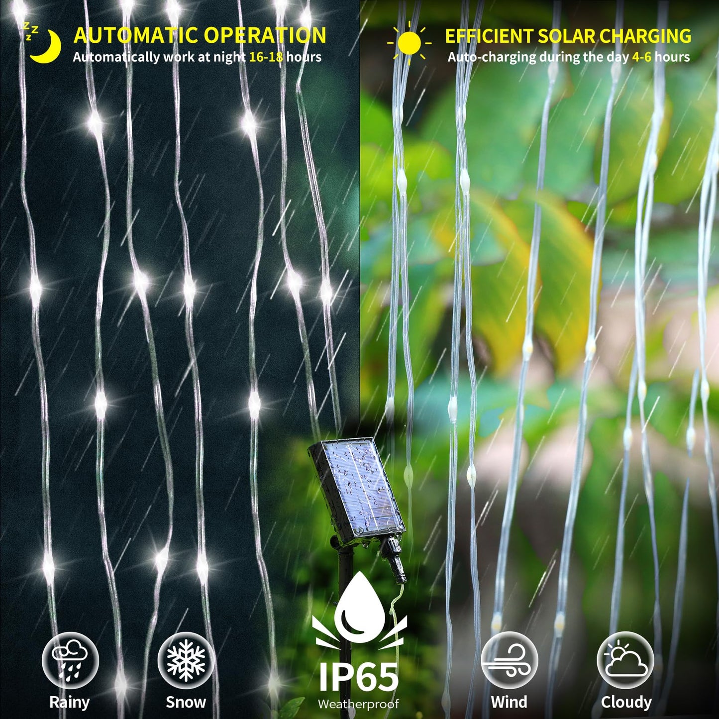 Solar Curtain Lights 10*10Ft 300LED Waterproof Waterfall Light with 8 Modes Remote Type C Charging Dimmable Timer Twinkle Fairy String Lights for Outdoor Christmas Gazebo Wedding Party Pergola Patio