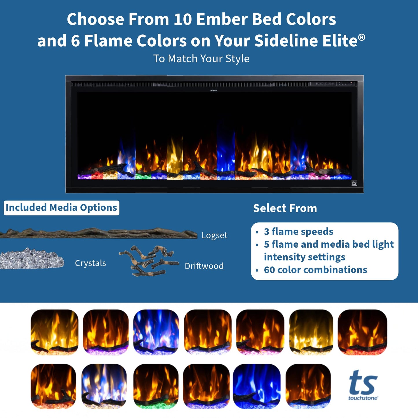 Touchstone Sideline Elite Smart Electric Fireplace - Alexa/WiFi Enabled- 42" Wide - in Wall Recessed - 60 Color Combinations - 1,500W Heater - Black - Log, Crystals, and Driftwood