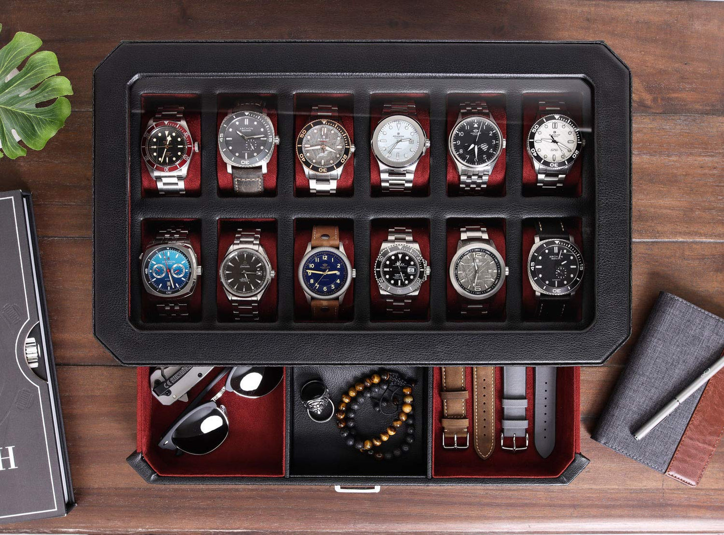 ROTHWELL 12 Slot Leather Watch Box with Valet Drawer - 12 Slot Luxury Watch Case Display Organizer, Microsuede Liner, Mens Accessories Holder, Jewelry Case, Jewelry Display Organizer - Black/Red