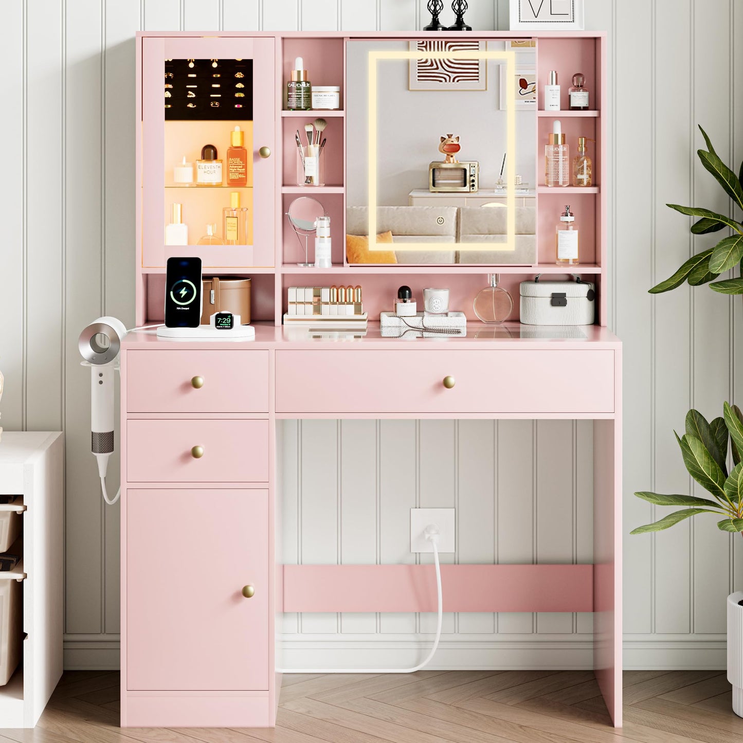 yesasin Vanity Desk with Mirror and Lights Makeup Vanity Desk with Lights 3 Colors 38" Dressing Table with Drawer and Cabinet for Bedroom Transparent Glass Top Power Outlet for Bedroom Pink