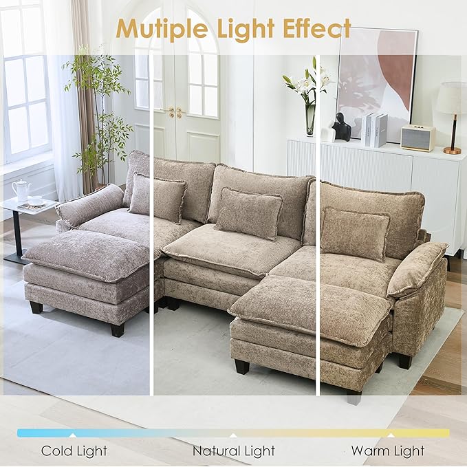 URRED Cloud Couch Modular Sectional Sofa, 122" Modern U Shaped Deep Seat Sofa with 2 Ottomans & Pillows, Ultra Comfy Chenille Couches for Living Room, Bedroom or Apartment, Khaki