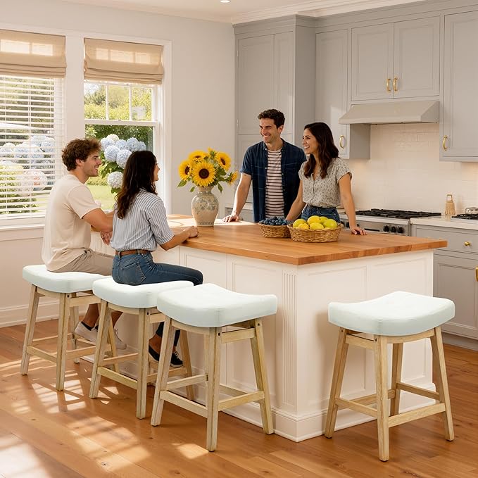RNKSFX Counter Height Bar Stools Set of 4 for Kitchen Counter, Wooden Backless Island Barstools Farmhouse Modern Short Stools No Back with Faux Leather Saddle Seat 24 inch Counter Top Chairs, White