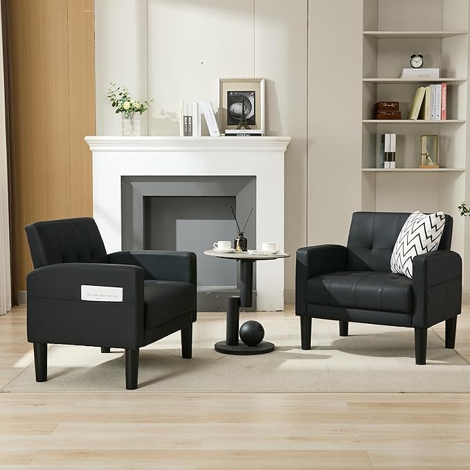 TYBOATLE Accent Chair Set of 2 Living Room Chairs Cozy Tufted Mid Century Modern Black Accent Chairs with Arms for Bedroom Comfy Reading Arm Chair Small Chairs for Small Spaces Office(2, Black)
