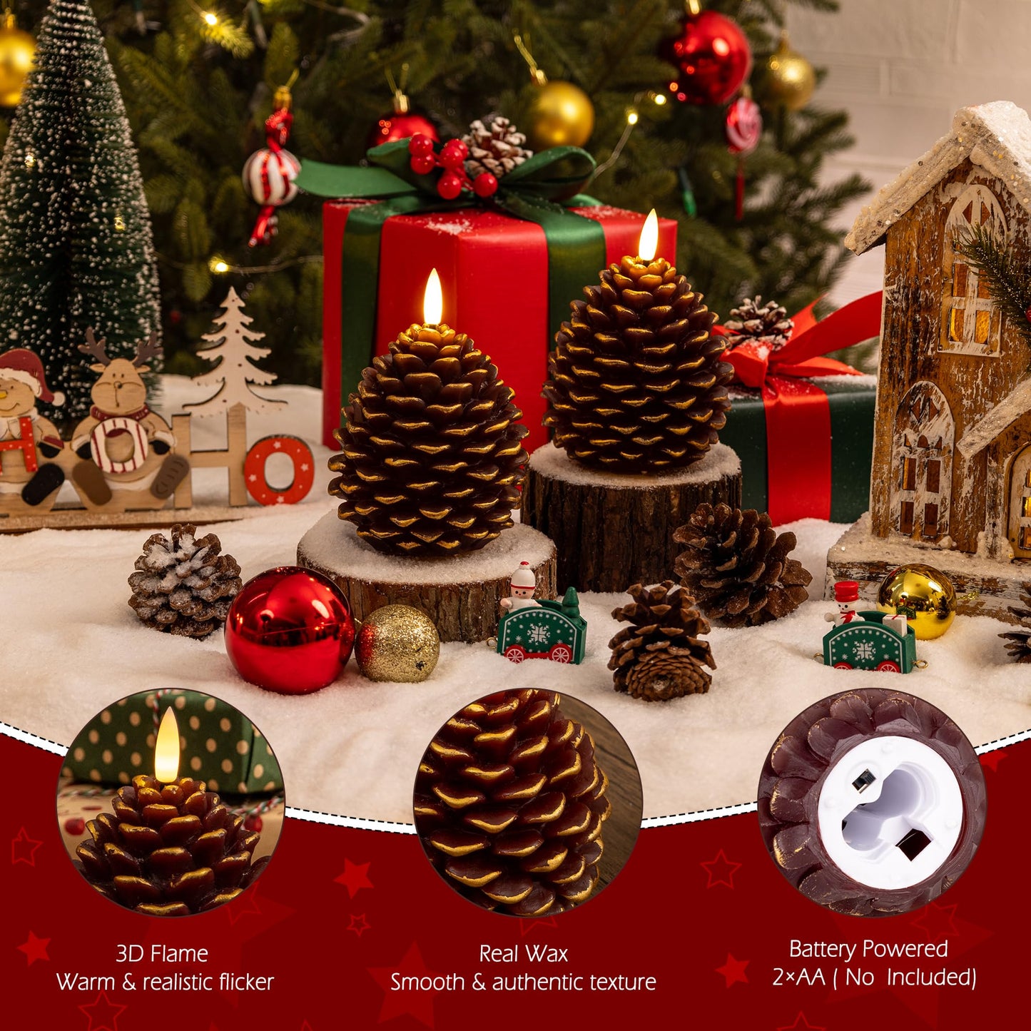 AFINETH Christmas Flameless Pinecone Candles with Remote, Real Wax Battery Operated Pine Cone Candles, 2 Pack Flickering Led Candle Christmas Decorations for Winter Home Holiday Xmas Gift, Brown