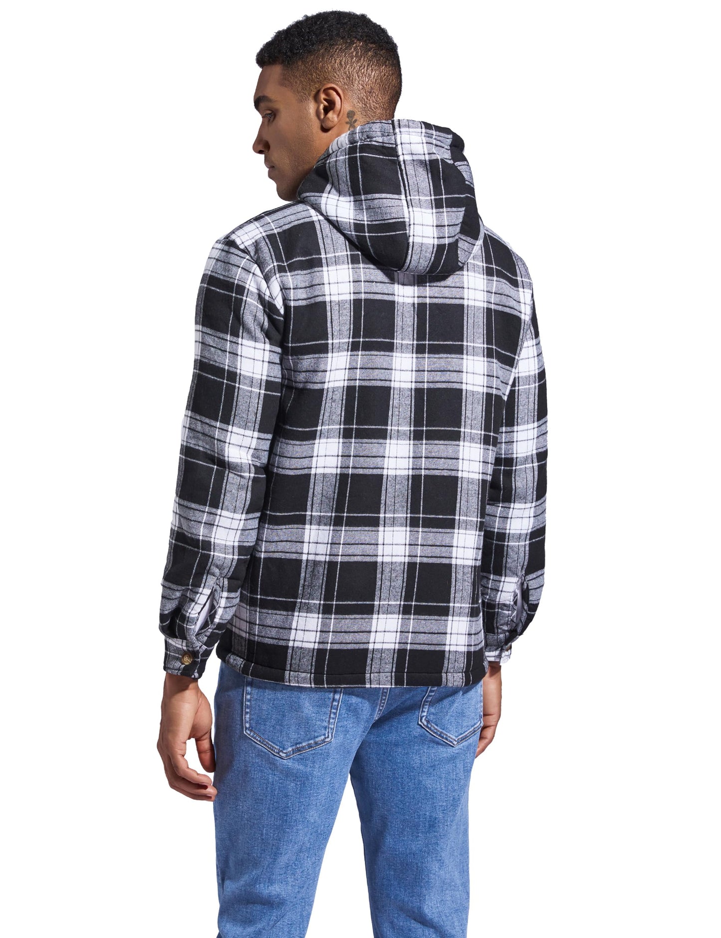 Ephemoca Men's Fleece Flannel Jacket Zip Up Plaid Cotton Hoodie Sherpa Lined Shirt Jacket Winter Warm Coats with Hood Black Large
