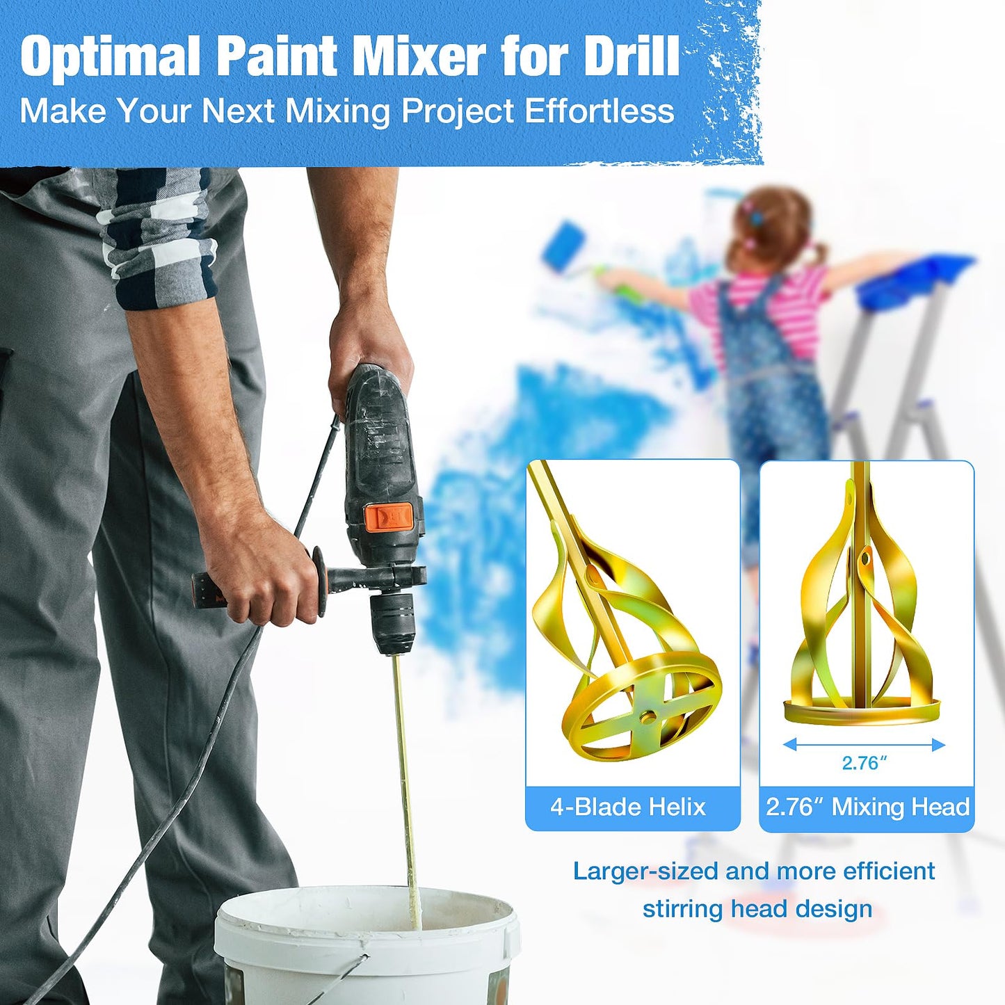 Youtex Paint Mixer for Drill, Upgraded 4-Blade 2.76" Helix Mixing Paddle Rust-Proof Paint Stirrer, Fits All Standard Drills for 1-5 Gallon Bucket, Paints, Resin, Epoxy, Mud, and Slurry
