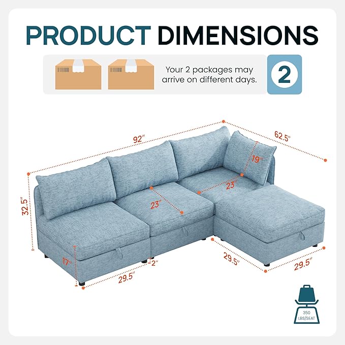 FIRLZY Modular Sectional 4 Seater Sofa with Removable Covers and Storage, Convertible L-Shaped and Sleeper Sectional, Modern Upholstered Couch with Removable Ottoman for Living Room, Blue
