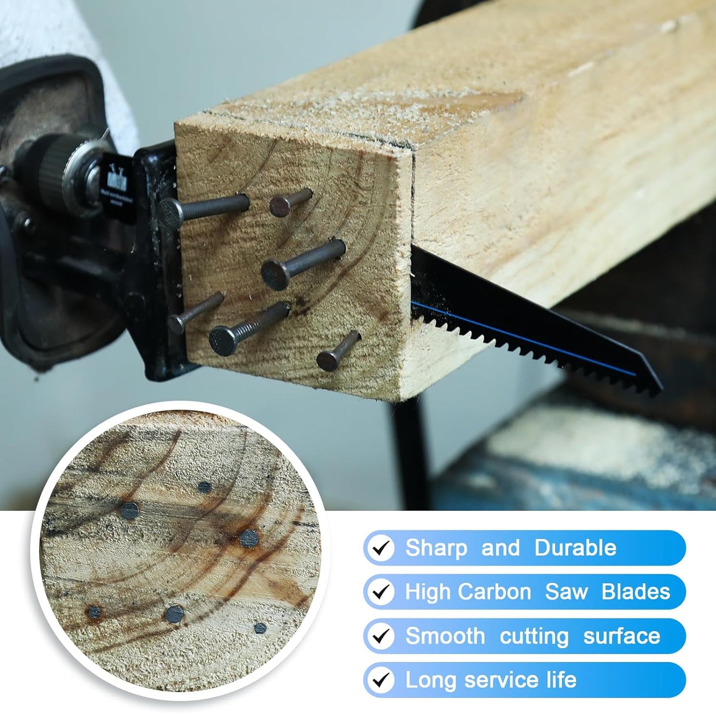 5 Pack 6 inch Reciprocating Saw Blades Set，6 TPI High Carbon Saw Blades for Wood with Nails ，Saw Blades with Organizer Case (5, 6T/6inch)