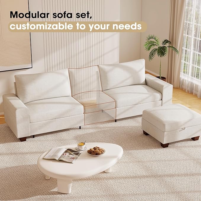 Couchus 112“ Convertible Storage Sectional Sofa,L Shaped Couch with Storage Ottoman,Multi-Functional Reversible Sofa with Huge Storage Space, Breathable Fabric (Beige)