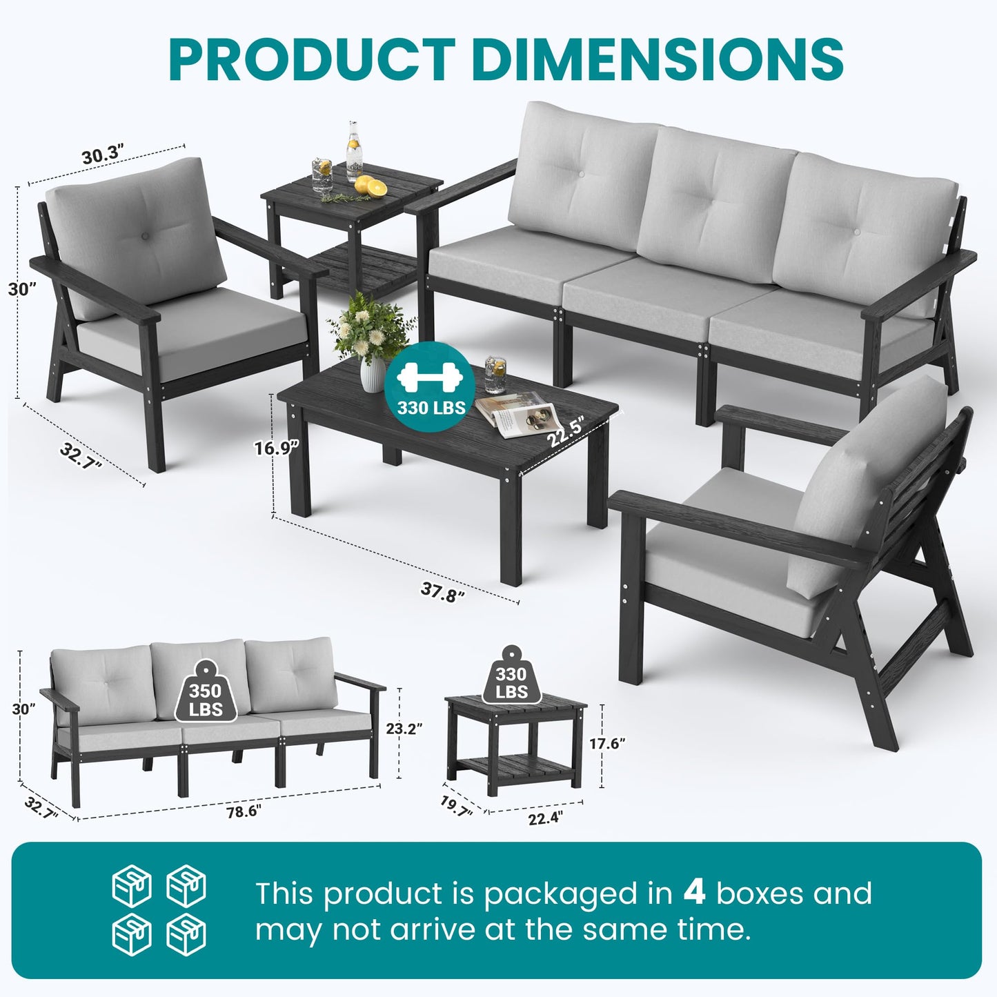 PamapicLife 7-Piece HDPE Patio Furniture Set, Outdoor Sectional Sofa Set,All Weather Outdoor Couch with Dust-Free Cushions, Durable Patio Conversation Sets for Balcony, Porch, Black