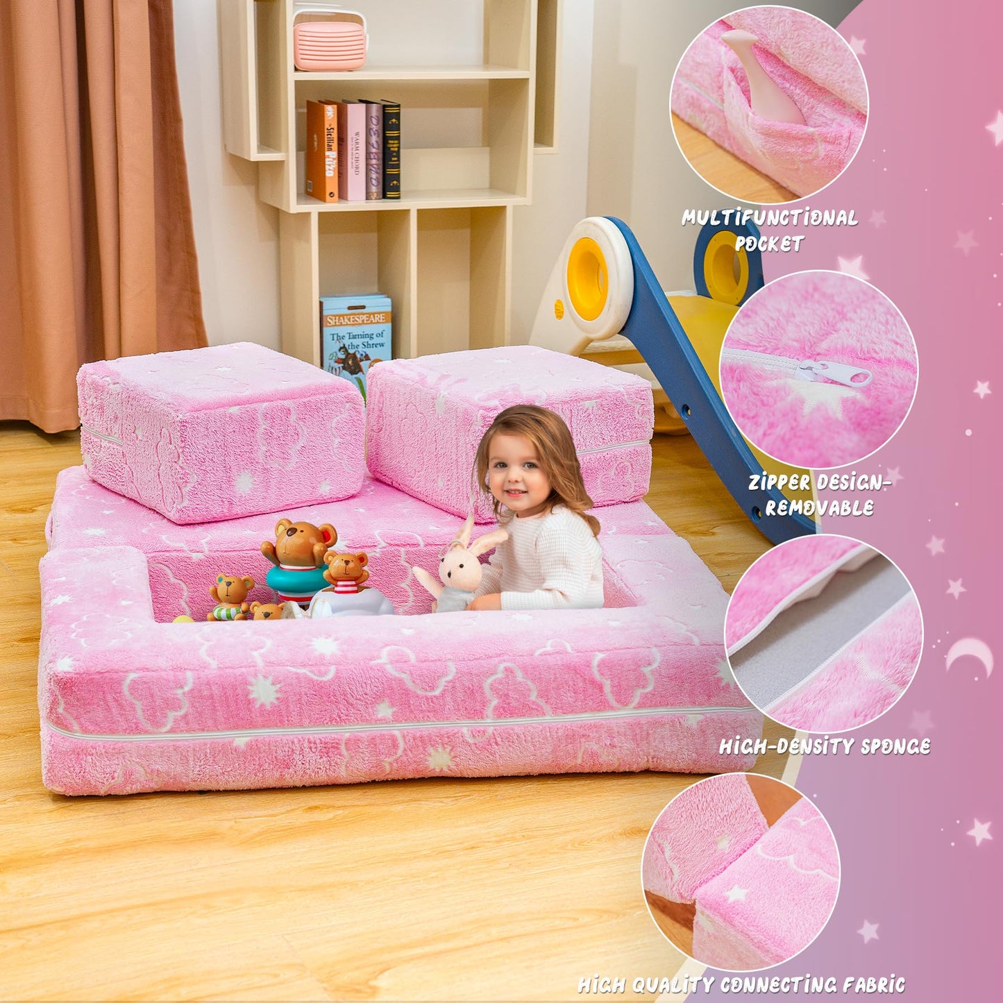 furlinkhm Toddler Couch, Glow in The Dark Kids Play Couch Toddler Fold Out Couch, Kids Fold Out Couch for playroom, Convertible Baby Fold Out Play Foam and Floor Cushion for Bedroom, Pink+Clouds