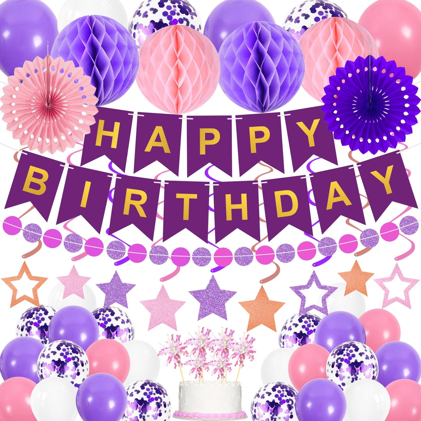 Purple Birthday Decorations Happy Birthday Banner Pink and Purple Balloons Stars Circle Garland Hanging Swirl Streamers Hanging Honeycomb Balls 69PCS Party Decorations for Women Men