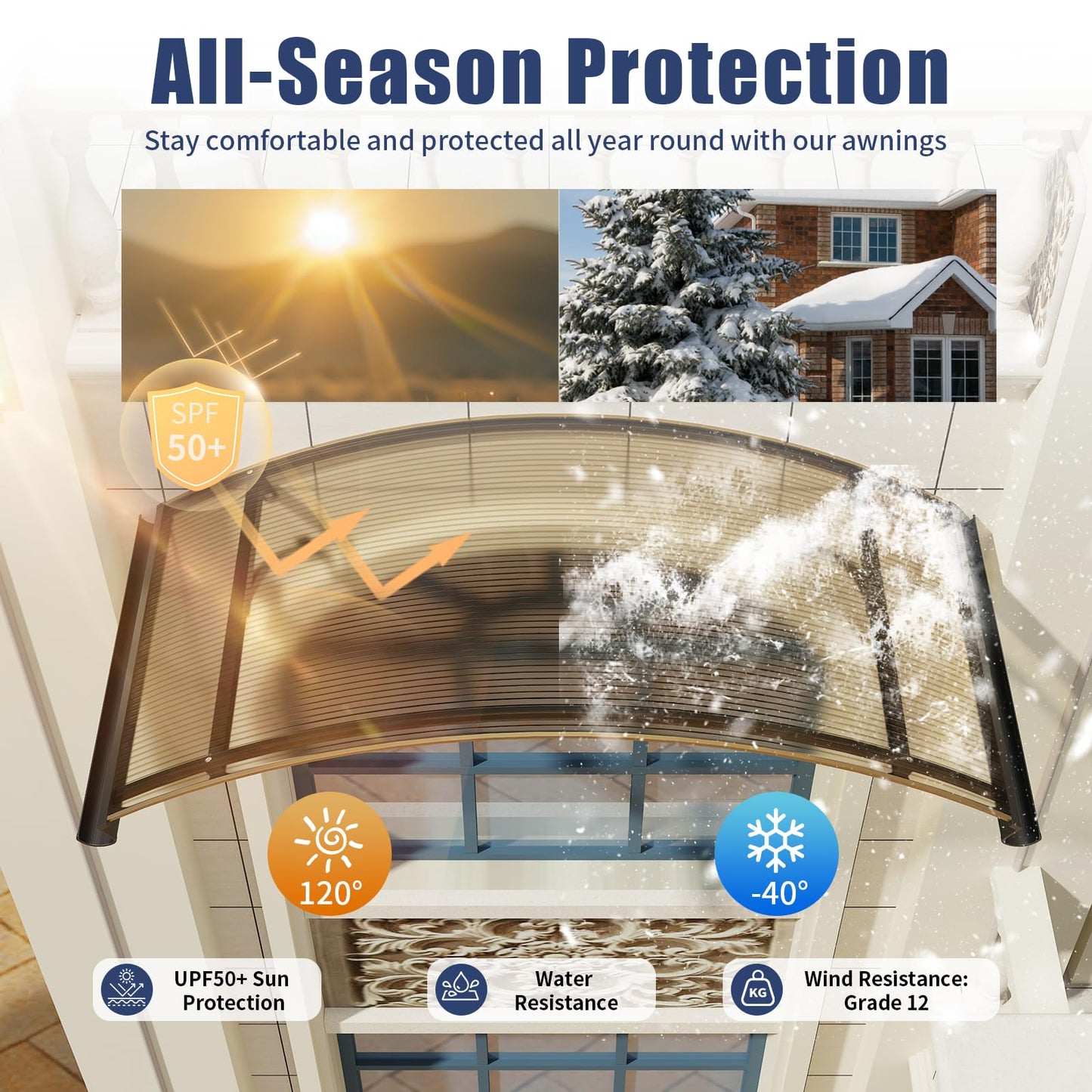 Awning for Door Entrance, 36x63 Inch Round Arch Door Awning Canopy with Aluminum Brackets & Polycarbonate Cover, UV, Rain & Snow Protection for Window, Porch, Patio, Deck