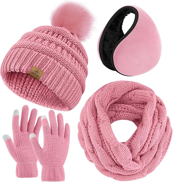 URATOT 4-In-1 Winter Warm Sets Knitted Scarf Touch Screen Gloves Beanie Pompom Hat and Winter Ear Warmer for Men or Women