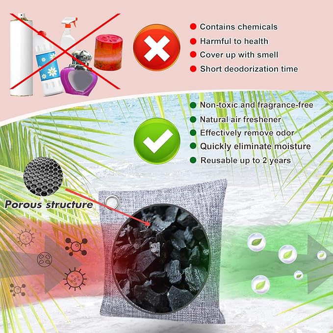 Activated Charcoal Odor Absorber for Strong Odor, Basement, Cars, Closets, Shoes, Smoke. 8 Pack Bamboo Charcoal Air Purifying Bags Deodorizer Odor Eliminator for Home