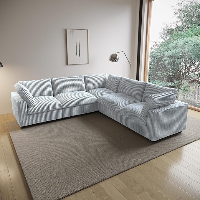 WJShome Modular Sectional Sofa/ 118inch Cloud Couches for Living Room/Soft Faux Rabbit Fur V Shaped Couch with Chaise,5 Seater Wide Convertible Sofa,Covers Washable&Replaceable,Grey