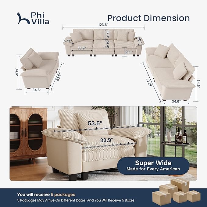 PHI VILLA Cloud Modular Couches Sets, 3 Pieces Sectional Sofa Set with Loveseats, 6-Seater Upholstered Couch for Living Room Small Spaces, Chenille Corduroy Dual Fabric, Beige